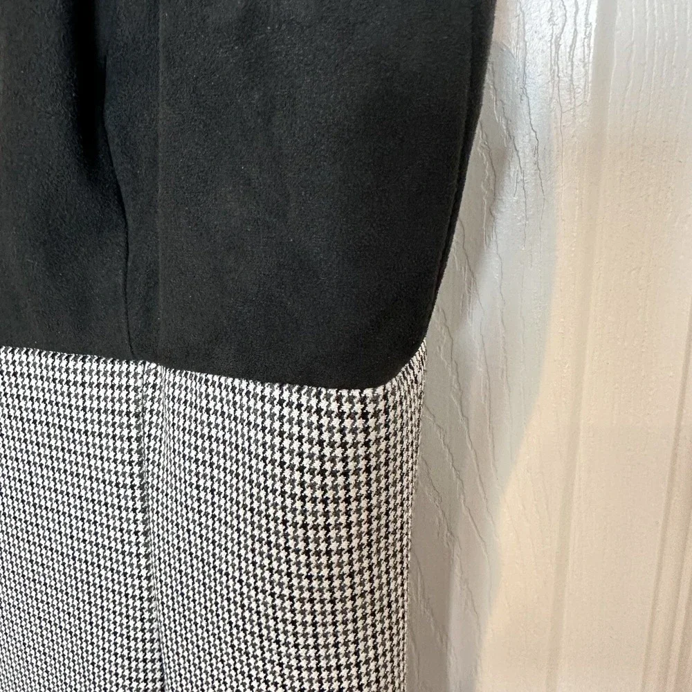 LAUREN RALPH LAUREN Black Suede Bodice Houndstooth Print Sleeveless Dress‎ Sz 16